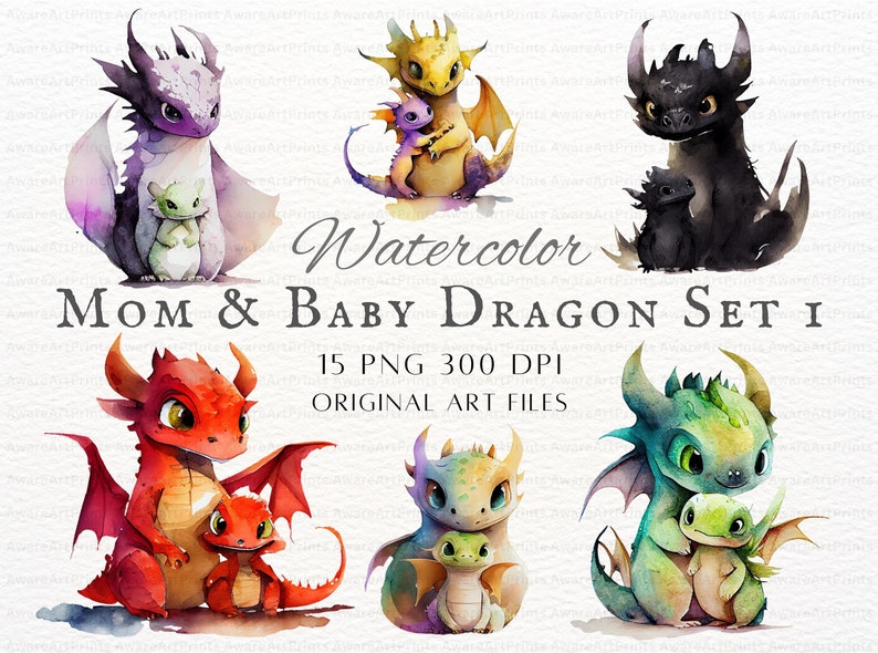 Watercolor Mom and Baby Dragon 15pc PNG Bundle | Mother's Day Dragons PNG | Mom Dragon PNG | Mom and Baby Dragon Commercial Use | Dragon Png image 1