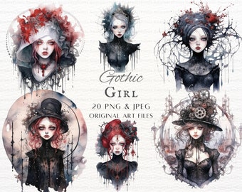 May include: A set of five digital illustrations of gothic girls with dark hair, pale skin, and intricate details. The girls are wearing black dresses and have various accessories, including hats, crowns, and jewelry. The illustrations are painted in a watercolor style with a dark and moody color palette.