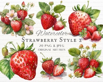 Strawberries 20pc PNG & JPEG Style 2 | Watercolor Strawberry Clipart | Strawberry PNG | Strawberry Commercial Use | Printable Strawberry Art