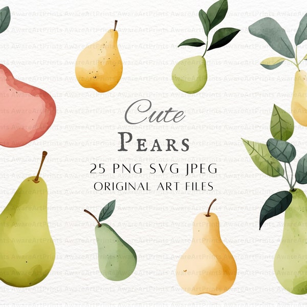 Pears Clipart 25 Design Bundle | Watercolor Pear Clipart | Pastel Pear SVG | Pastel Pears PNG | Watercolor Pear Download | Pear PNG