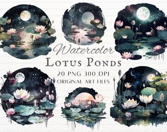 Lotus Pond 20pc PNG | Watercolor Lotus Pond PNG | Lily Pond PNG | Lotus Pond Commercial Use | Lotus Clipart | Cute Watercolor Lotus Clipart