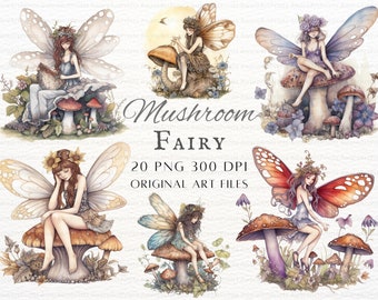 May include: A set of 20 digital illustrations of fairies sitting on mushrooms. The fairies have wings, flowers in their hair, and are wearing dresses. The mushrooms are various colours and shapes. The text "Mushroom Fairy 20 PNG 300 DPI Original Art Files" is at the bottom of the image.