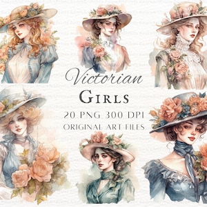 Victorian Girls 20pc PNG & JPEG Bundle | Watercolor Vintage Wall Art | Victorian Girl PNG | Victorian Commercial Use | Printable Victorian