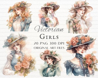 Victorian Girls 20pc PNG & JPEG Bundle | Akwarela Vintage Wall Art | Victorian Girl PNG | Victorian Commercial Use | Wydrukowane Victorian