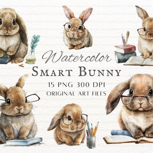 May include: Watercolour illustration of five brown bunnies wearing glasses and holding books. The text "Watercolour Smart Bunny 15 PNG 300 DPI Original Art Files" is written in the centre of the image.