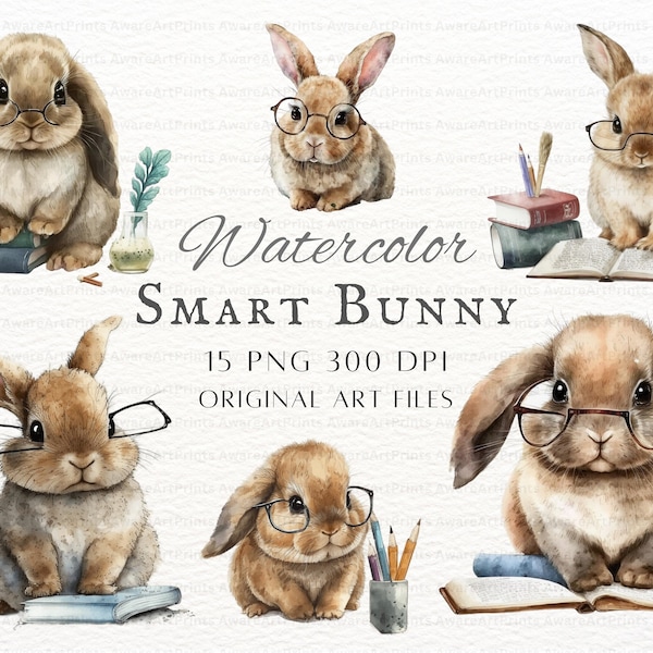 Watercolor Funny Bunny 15pc PNG & JPEG | Cute Bunny PNG | Nerd Bunny Art | Funny Rabbit Clipart | Academic Rabbit Commercial Use Clipart