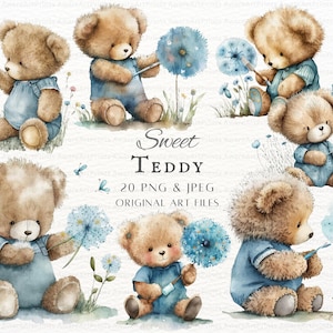 Blue Dandelion Teddy Style 2 25pc PNG & JPEG Bundle / Teddybear PNG / Teddy Commercial Use / Printable Nursery Teddy Art / Teddy Bear Art