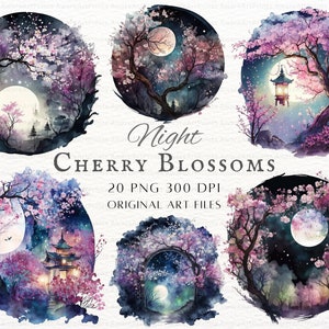 Moonlight Kirschblüten 20 Stück PNG Bundle | Kirschblüte PNG | Fantasy Kirschblüte Kommerzielle Nutzung | Druckvorlage Aquarell Kirschblüte