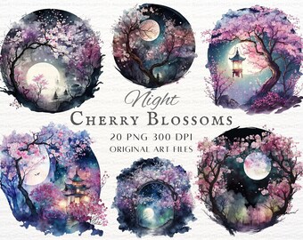 Moonlight Cherry Blossom 20pc PNG Bundle | Cherry Blossom PNG | Fantasy Cherry Blossom Commercial Use | Printable Watercolor Cherry Blossom