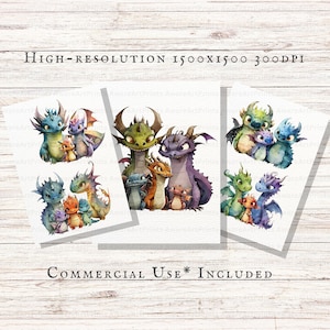 May include: Three digital illustrations of families of dragons. Each illustration features a parent dragon and two baby dragons. The dragons are all different colors, including green, purple, blue, and orange. The illustrations are set against a white background.