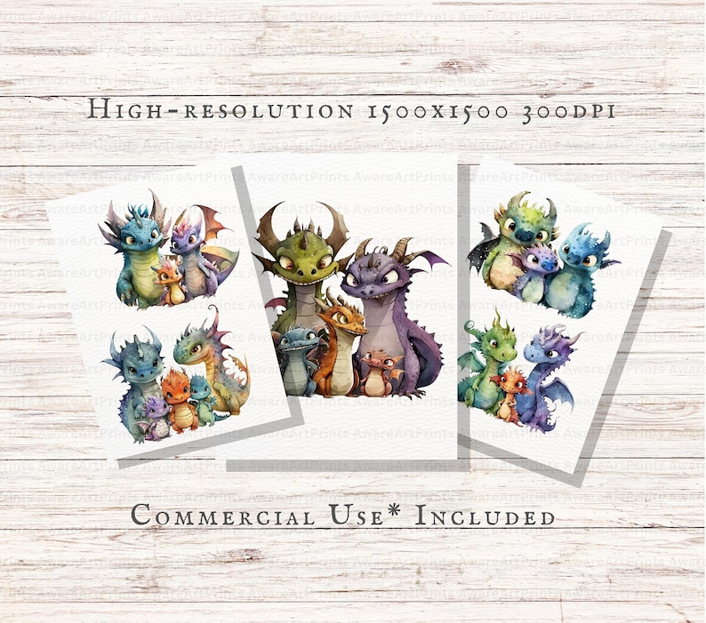 May include: Three digital illustrations of families of dragons. Each illustration features a parent dragon and two baby dragons. The dragons are all different colors, including green, purple, blue, and orange. The illustrations are set against a white background.