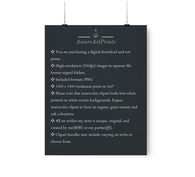 May include: A black and white text graphic on a dark gray background. The text reads "Aware Art Prints" and includes information about the digital download of high-resolution images in PNG format. The images are 1500 x 1500 pixels and are suitable for printing at 5x5 inches. The text also mentions that the watercolor clipart looks best when printed on white-cream backgrounds and that all art is unique and original.