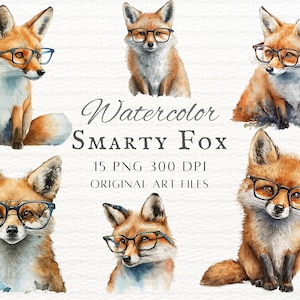 Glasses Fox 15pc PNG & JPEG | Smart Fox PNG | Watercolor Fox Wall Art | Funny Fox Clipart | Fox Commercial Use | Watercolor Cute Fox Clipart