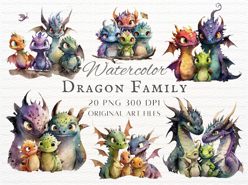 May include: Watercolor illustration of a dragon family. The family includes a purple, green, and orange dragon parent, and three baby dragons. The dragons are all smiling and have wings. The text "Watercolor Dragon Family 20 PNG 300 DPI Original Art Files" is written below the dragons.