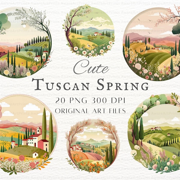 Tuscan Spring 20pc PNG Bundle | Tuscan Spring PNG | Tuscan Landscape PNG | Tuscan View Commercial Use | Kawaii Spring Tuscan Printable Art