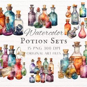 Poción Set 15pc PNG Bundle / Poción PNG / Poción de acuarela PNG / Uso comercial de poción / Poción de boticario Clipart / Poción de bruja Clipart