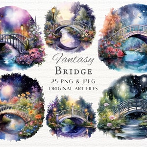 Fantasy Bridge 25pc PNG & JPEG Bundle / Watercolor Bridge PNG / Night Bridge Clipart / Fairy Bridge Commercial Use / Printable Night Bridge