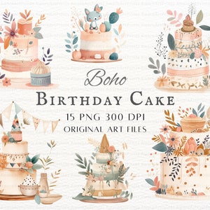 Boho Birthday Cake 15pc PNG i JPEG | Boho Birthday Cake Art | Birthday Cake PNG | Birthday Cake Commercial Use | Boho Clipart | Boho Cricut