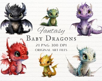 Cute Baby Dragon Clipart 21pc Bundle | Kawaii Dragon Clipart | Fantasy Dragons Clipart | Dragon PNG | Baby Dragon PNG | Cute Baby Dragons