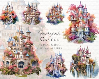 Château de conte de fées 25pc PNG & JPEG Bundle | Château PNG | Château fantastique Clipart | Utilisation commerciale imprimable de château de fée | Clipart de conte de fées