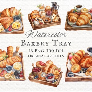 Op de afbeelding: Vier aquarel illustraties van bakbladen gevuld met gebak, fruit en andere ontbijtartikelen. De bakbladen zijn allemaal van hout en hebben een rustieke uitstraling. De gebakjes omvatten croissants, broodjes en muffins. Het fruit omvat bessen, appels en peren. De andere ontbijtartikelen omvatten jam, honing en boter.