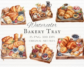 Bandeja de pan de acuarela 15pc PNG & JPEG / Imágenes prediseñadas de la bandeja de pan / Pan PNG / Uso comercial de panadería / Imágenes prediseñadas de panadería / Arte imprimible de pan Kawaii