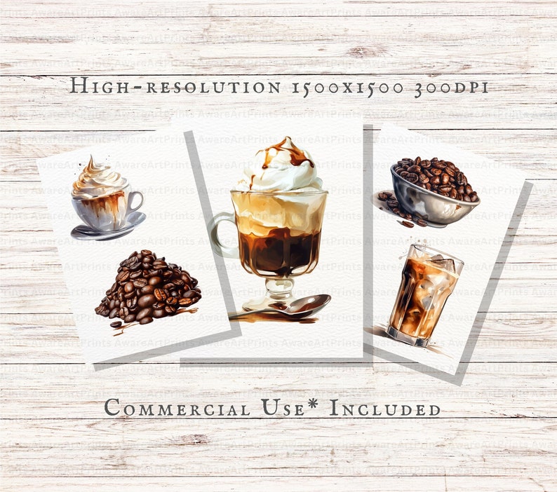 May include: Three watercolor illustrations of coffee drinks. The first image shows a cup of coffee with whipped cream and a sprinkle of chocolate on top. The second image shows a glass of iced coffee with whipped cream and a chocolate drizzle. The third image shows a glass of iced coffee with ice cubes.