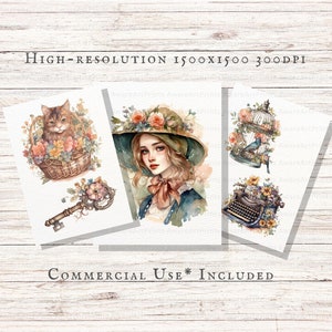 May include: A set of three digital printable images featuring watercolor illustrations. The first image shows a cat sitting in a basket of flowers. The second image shows a woman with long brown hair wearing a hat and a blue dress. The third image shows a birdcage with a bird inside and a typewriter with flowers.
