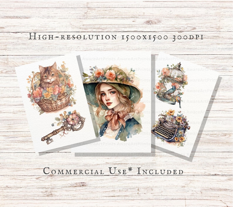 May include: A set of three digital printable images featuring watercolor illustrations. The first image shows a cat sitting in a basket of flowers. The second image shows a woman with long brown hair wearing a hat and a blue dress. The third image shows a birdcage with a bird inside and a typewriter with flowers.