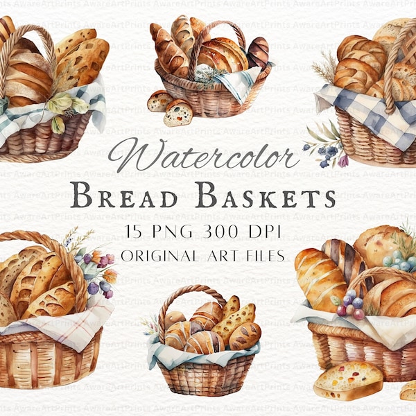 Bread Basket 15pc PNG & JPEG | Bread Basket Commercial Use | Bread Basket PNG | Seasonal Bread Clipart | Watercolor Bread Basket Ephemera