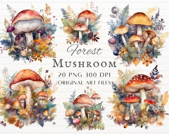Forest Mushroom 20pc PNG Bundle | Watercolor Mushroom PNG | Fantasy Mushroom PNG | Mushroom Commercial | Printable Woodland Mushroom Clipart