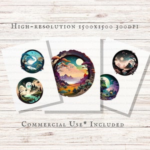 May include: Three digital illustrations of circular landscapes with a moon and stars in the sky. The landscapes are in different colors and feature trees, mountains, and water. The text "HIGH-RESOLUTION 1500X1500 300DPI" and "COMMERCIAL USE* INCLUDED" are visible at the top and bottom of the image.