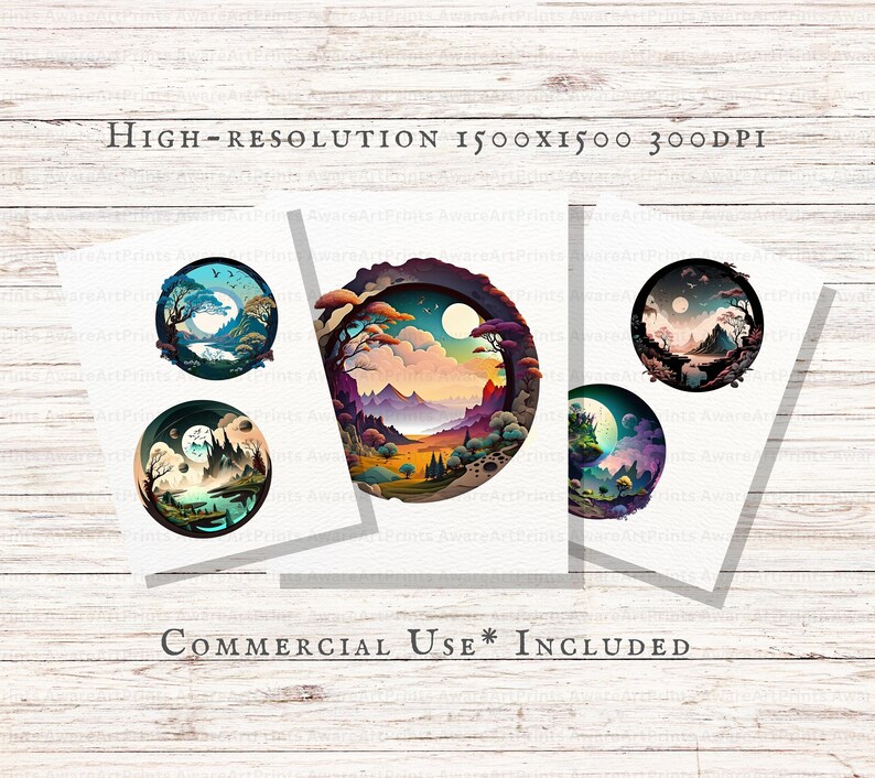 May include: Three digital illustrations of circular landscapes with a moon and stars in the sky. The landscapes are in different colors and feature trees, mountains, and water. The text "HIGH-RESOLUTION 1500X1500 300DPI" and "COMMERCIAL USE* INCLUDED" are visible at the top and bottom of the image.