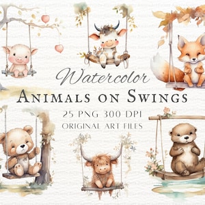 Animais bebês em balanços 25 unidades PNG e JPEG | Bebê Animal PNG | Balanço de animal bebê para uso comercial | Arte para impressão de animais de berçário | Berçário Clipart