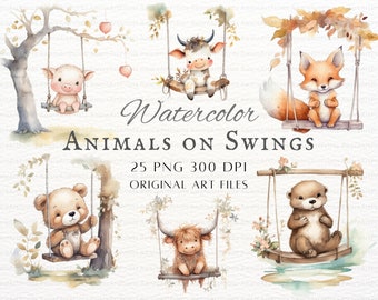 Baby Animals on Swings 25pc PNG & JPEG | Baby Animal PNG | Baby Animal Swing Commercial Use | Nursery Animal Printable Art | Nursery Clipart