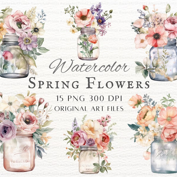 Spring Flowers 15pc PNG Bundle | Mason Jar Flower PNG | Mason Jar Spring Flower PNG | Spring Flowers Commercial Use | Vintage Spring Flowers