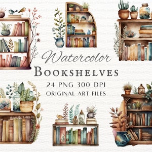 May include: A set of six watercolor illustrations of bookshelves with various plants, books, and decorative elements. The bookshelves are painted in a rustic brown color and feature a variety of books with colorful spines. The illustrations are perfect for adding a touch of whimsy and charm to any home decor project.