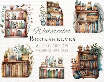 Bibliothèque Clipart 24pc Bundle | Clipart de bibliothèque | Bibliothèque PNG | Clipart de bibliothèque | Boho Bibliothèque PNG | vendange, étagère Clipart