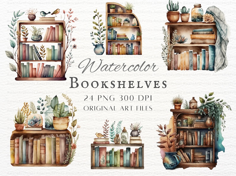 May include: A set of six watercolor illustrations of bookshelves with various plants, books, and decorative elements. The bookshelves are painted in a rustic brown color and feature a variety of books with colorful spines. The illustrations are perfect for adding a touch of whimsy and charm to any home decor project.