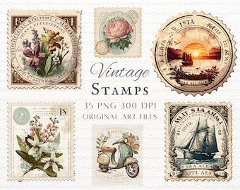 Vintage Stamps 35pc PNG | Vintage Stamps PNG | Retro Stamps PNG | Vintage Stamp Commercial Use | Stamp Scrapbook Art | Stamp Cricut Clipart