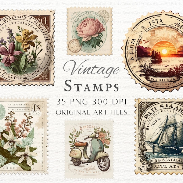 Vintage Stamps 35pc PNG | Vintage Stamps PNG | Retro Stamps PNG | Vintage Stamp Commercial Use | Stamp Scrapbook Art | Stamp Cricut Clipart
