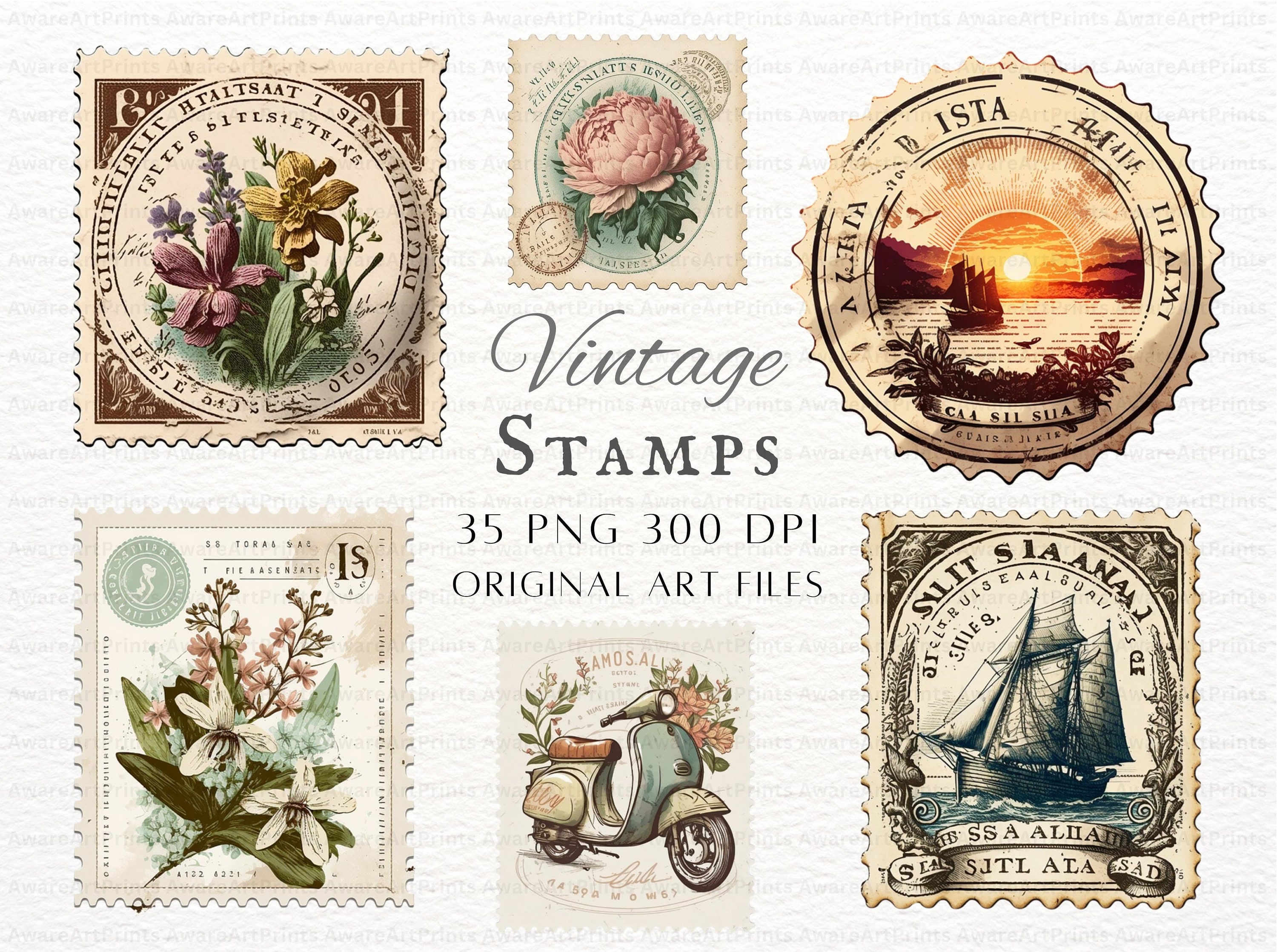 Printable Vintage Postage Stamp Collage Scrapbooking Digital Download 63 International  Stamps Creative Journaling & Travel Journal Supply 