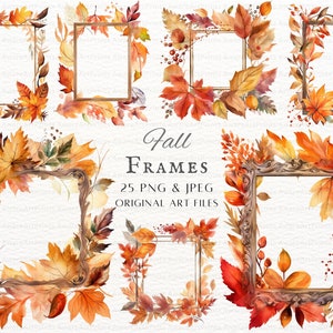 Cadres d'automne 25pc PNG & JPEG Bundle | Cadre d'automne aquarelle PNG | Clipart cadre automne | Clipart de feuilles d'automne | Art d'utilisation commerciale d'automne confortable