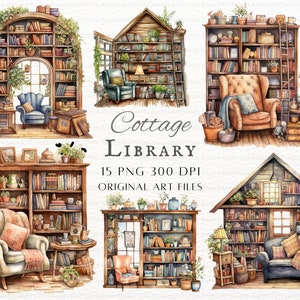 Cottage Library 15pc PNG & JPEG | Cottage Library PNG | Cozy Library Png | Printable Library Commercial Use | Cottagecore Library Ephemera
