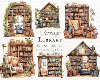 Cottage Library 15pc PNG & JPEG | Cottage Library PNG | Cozy Library Png | Printable Library Commercial Use | Cottagecore Library Ephemera