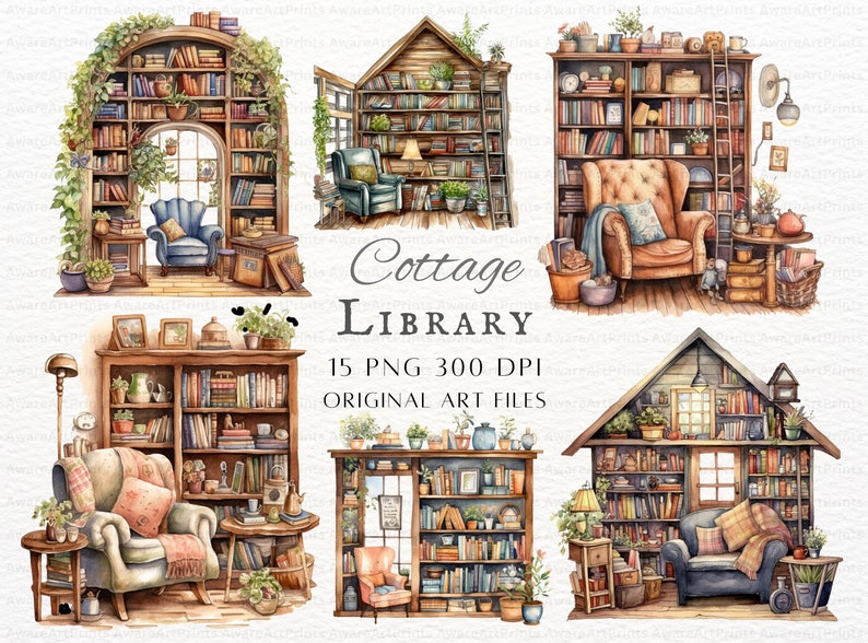May include: A set of 15 digital illustrations of cozy cottage libraries with bookshelves, armchairs, and plants. The illustrations are in a watercolor style and feature warm, inviting colors. The text "Cottage Library 15 PNG 300 DPI ORIGINAL ART FILES" is included in the image.