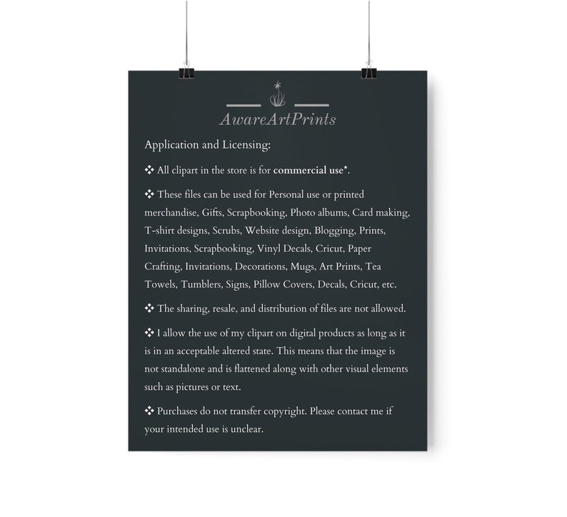 May include: Black and white text on a dark gray background outlining the terms of use for commercial and personal use of clipart. The text includes the phrase "Aware Art Prints".