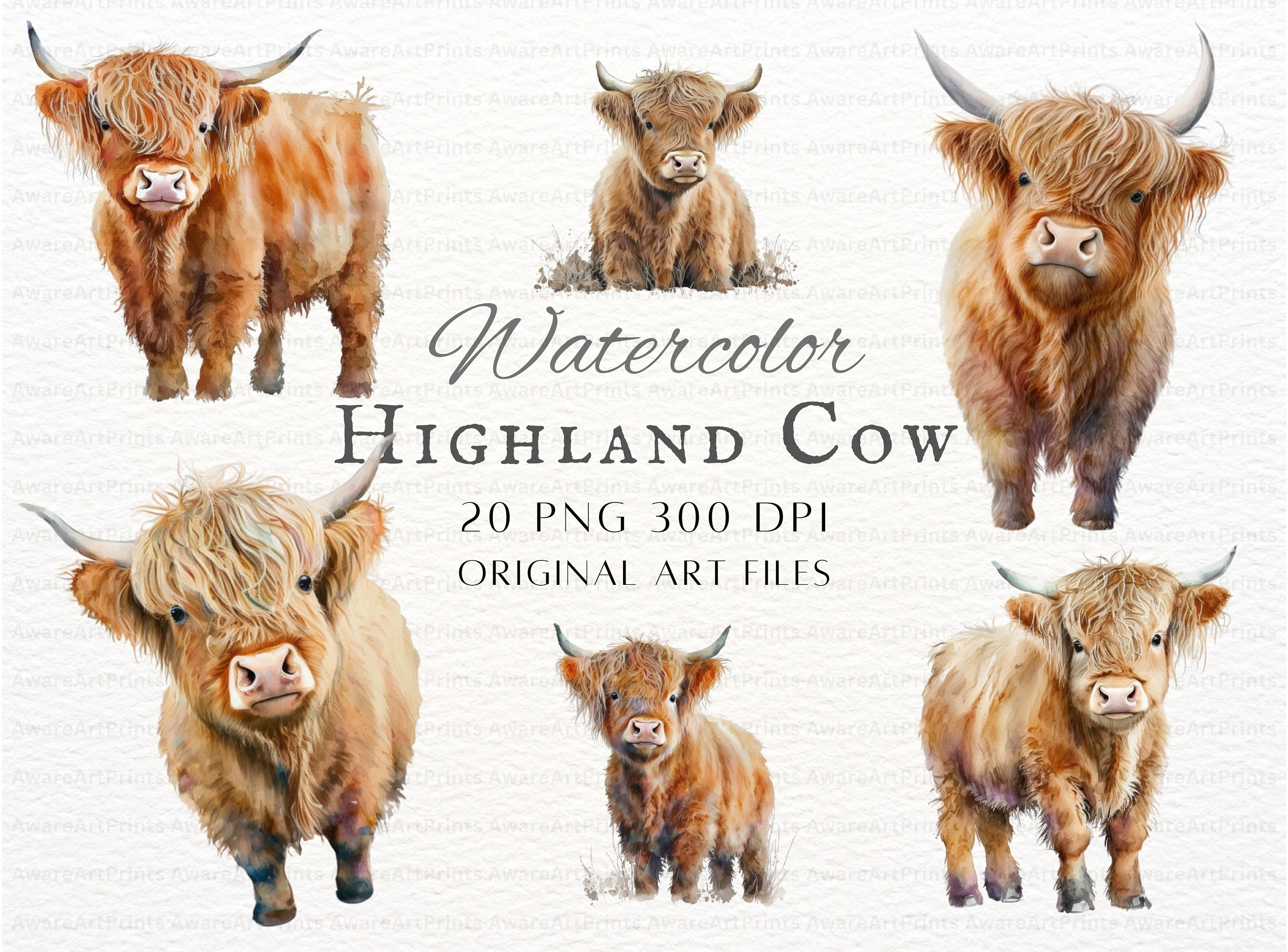 Watercolor Highland Cow 20pc PNG & JPEG | Watercolor Highland Cow PNG ...