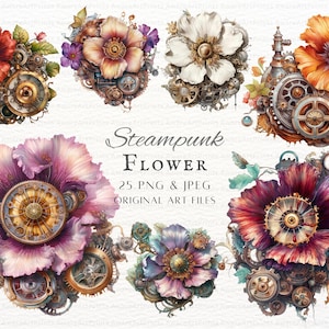 Pacote Steampunk Flower 25 unidades PNG e JPEG | Flor Steampunk PNG | Uso comercial de flores | Relógio para impressão | Flor Fantasia | Coisas efêmeras de fantasia