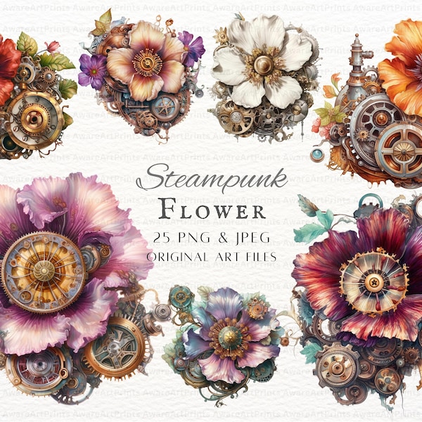 Steampunk Flower 25pc PNG & JPEG Bundle | Steampunk Flower PNG | Flower Commercial Use | Printable Clock | Fantasy Flower | Fantasy Ephemera